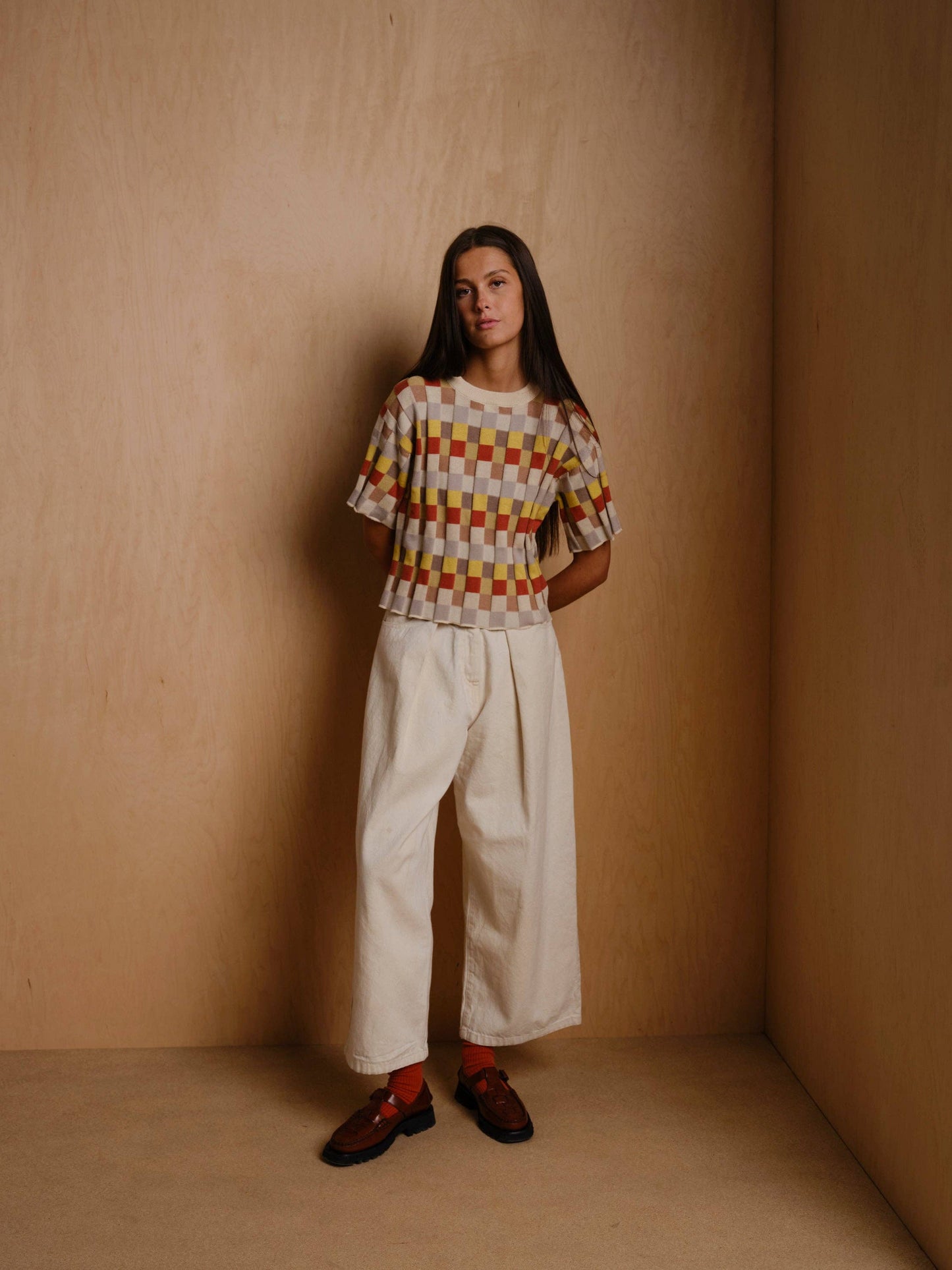 Anni Grid Plaited Sweater (cream/orange/yellow) - Elemental