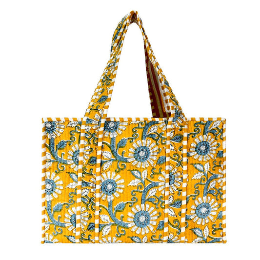 Yellow Large Cotton Block Print Tote Bag