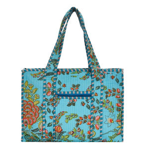 Blue Large Cotton Block Print Tote Bag