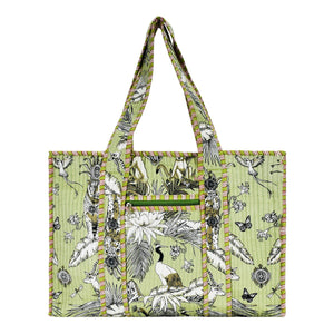 Green Large Cotton Block Print Tote Bag
