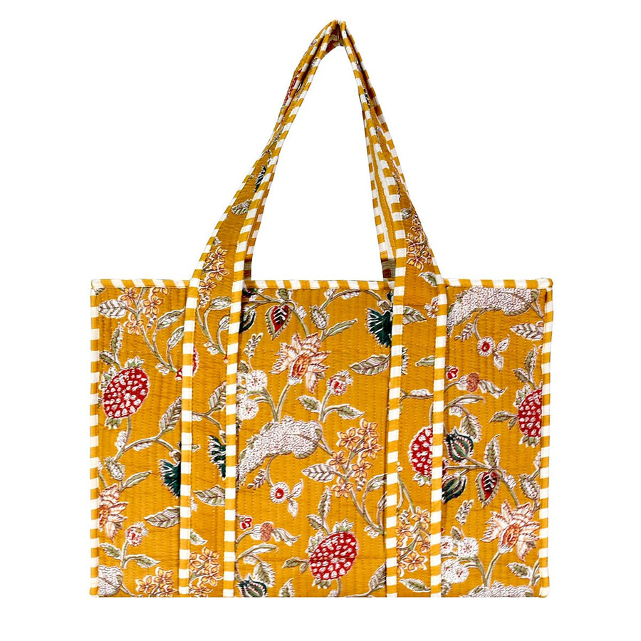 Mustard Large Cotton Block Print Tote Bag