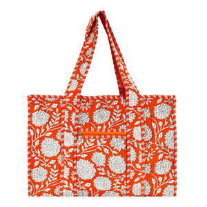 Orange Large Cotton Block Print Tote Bag