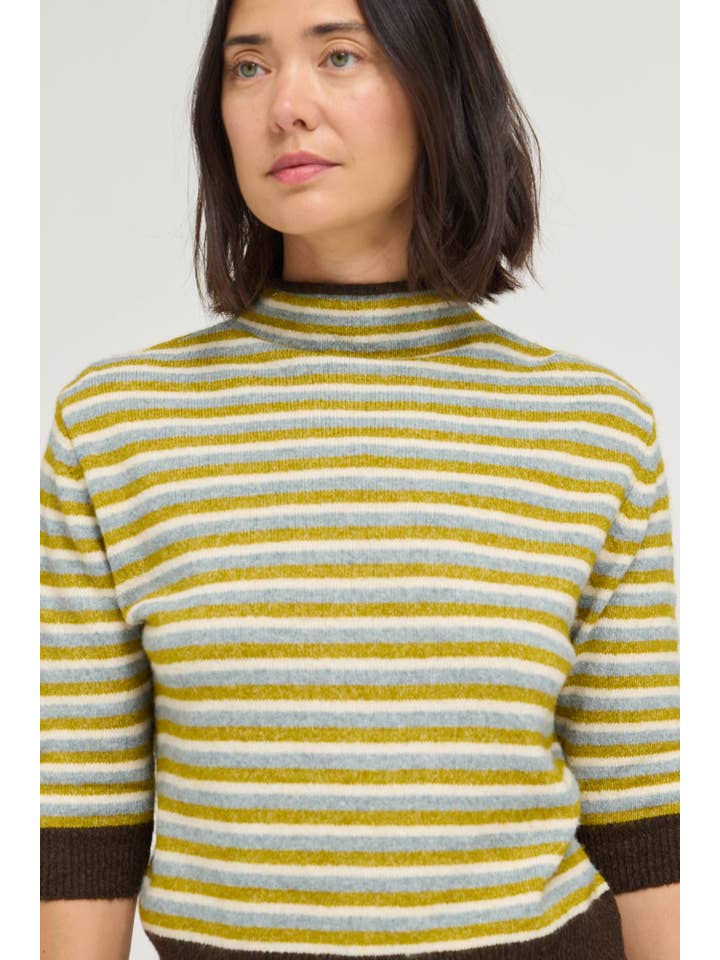 7/8 Sleeves Brown Multi Stripe Sweater Top