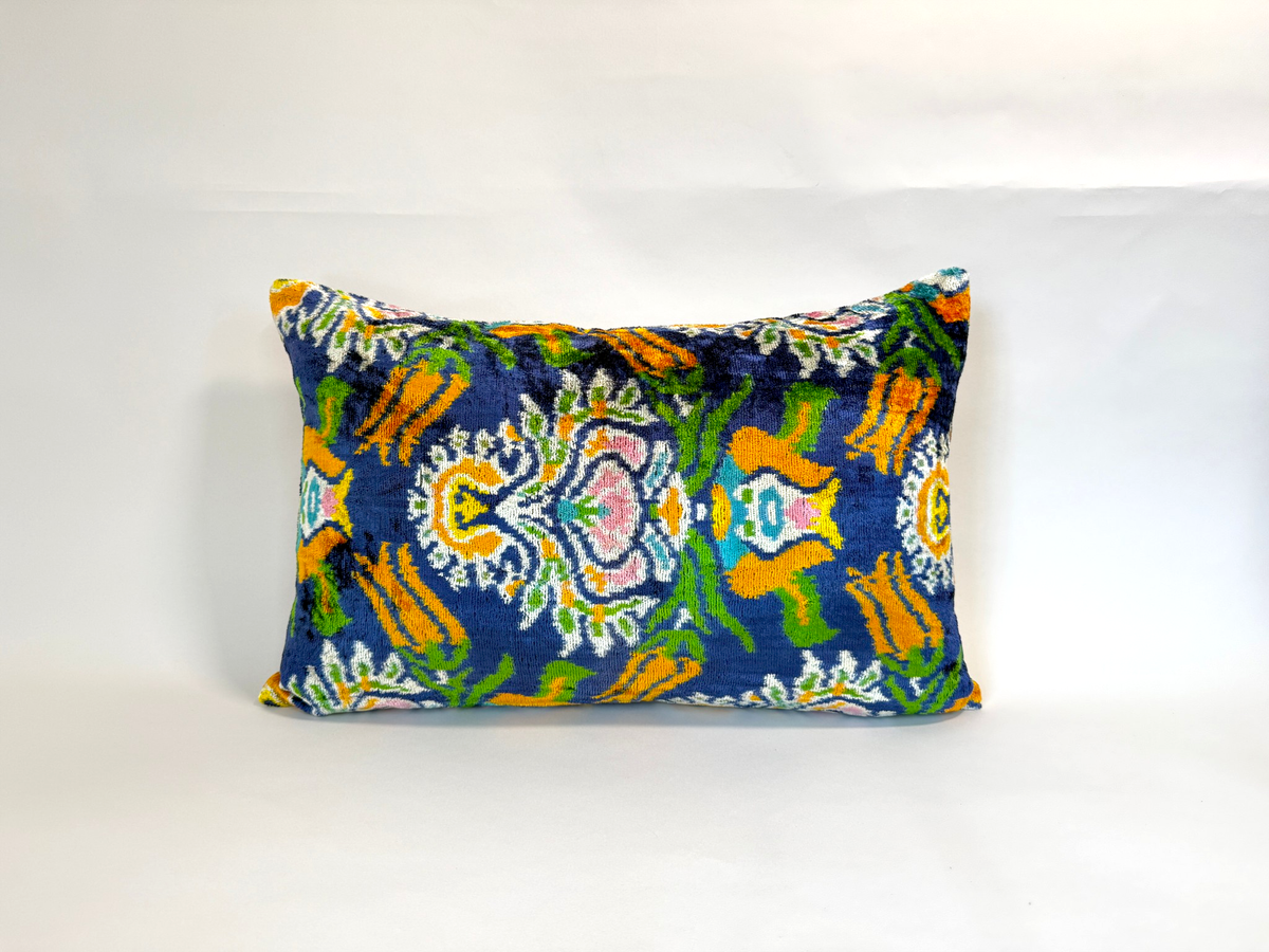 Blue Suzani Velvet Ikat Pillow