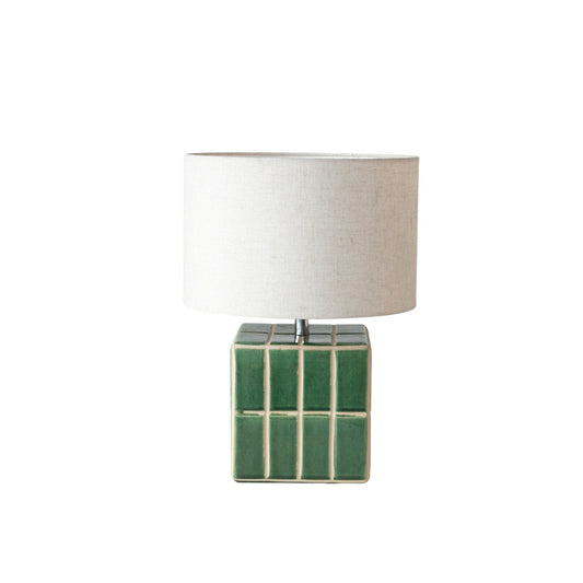 Green Ceramic Tiled Table Lamp w/ Linen Shade