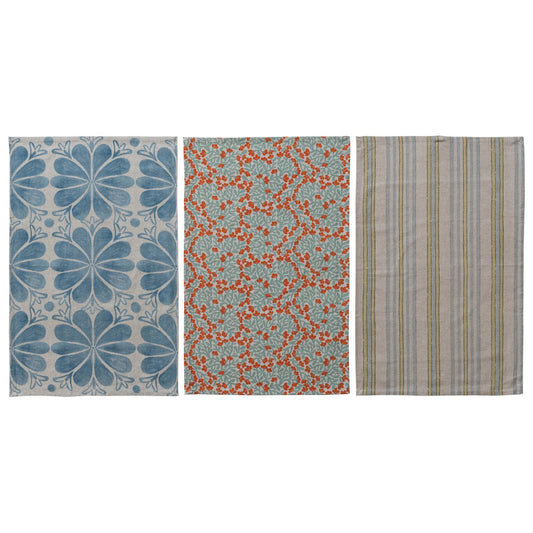 Cotton Linen Printed Tea Towel with Stripes and Florals - 3 Styles