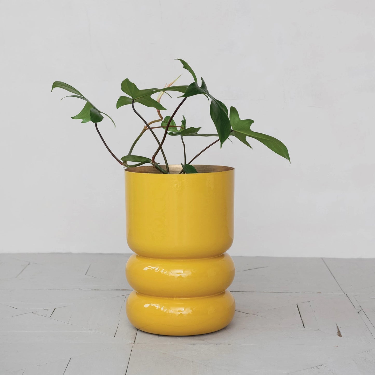 Enameled Metal Stool/Planter w/ Gold Finish Interior - Yellow