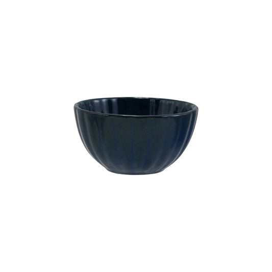 Blue Stoneware Ribbed Bowl, Reactive Glaze