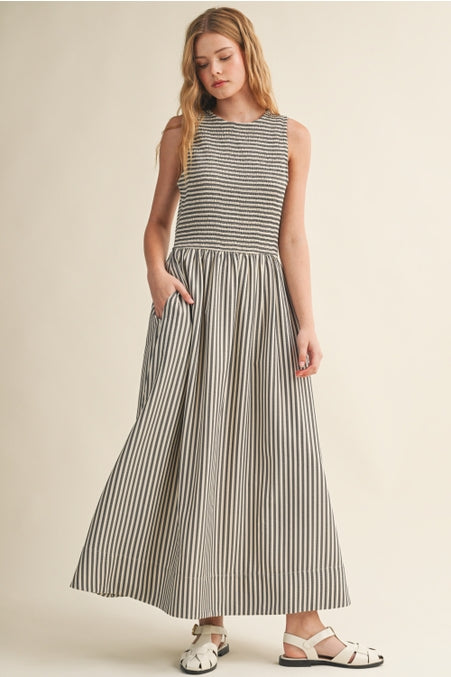 Striped Fabric Smocking Top Long Dress