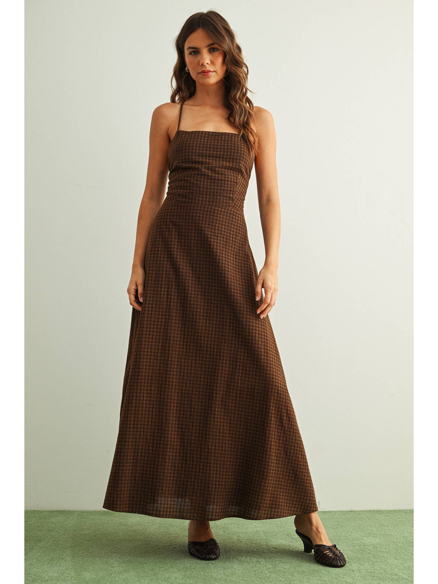 Brown Gingham Pattern Long Dress