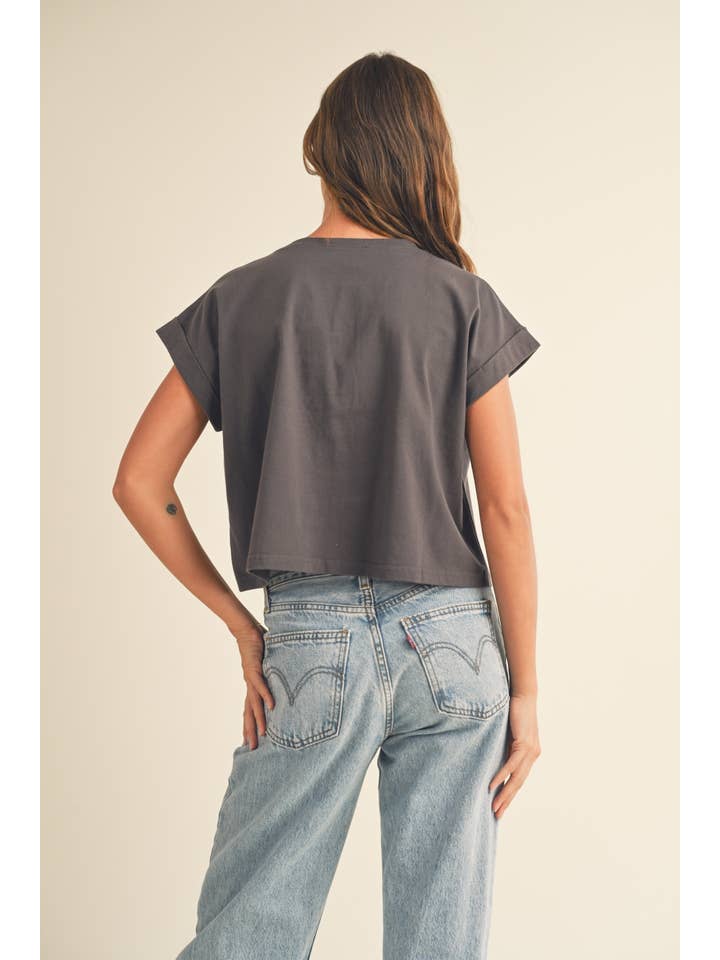Round Neck Cuffed Sleeve Top - 2 colors