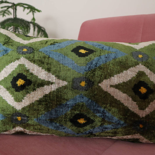 Green, Blue and Yellow Dots Ikat Velvet Silk Pillow