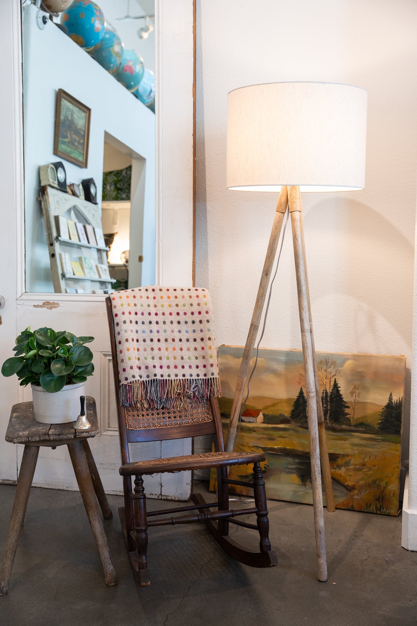 Wood Tripod Floor Lamp with Cotton Shade