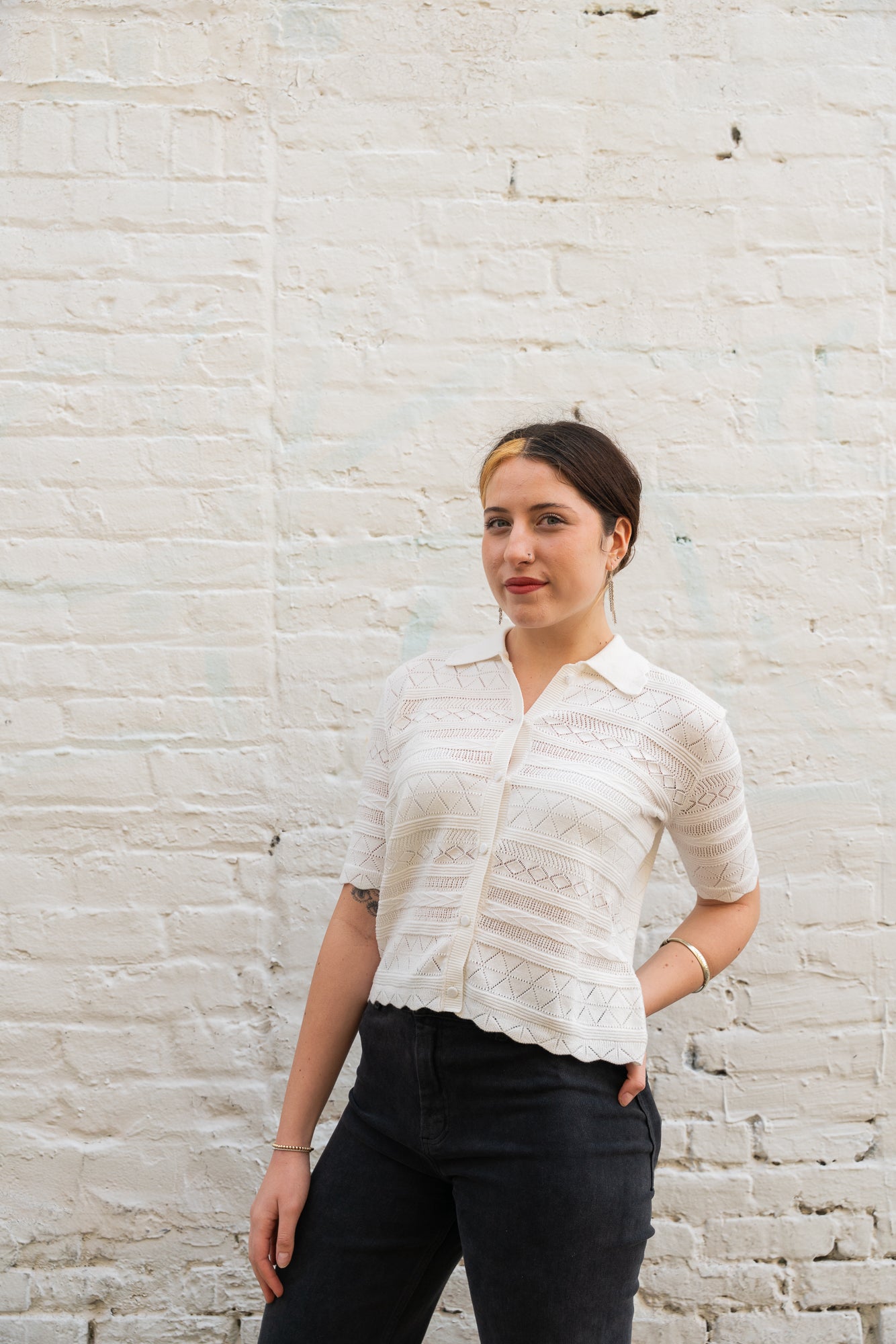 Ecru Short Sleeve Button Down Sweater