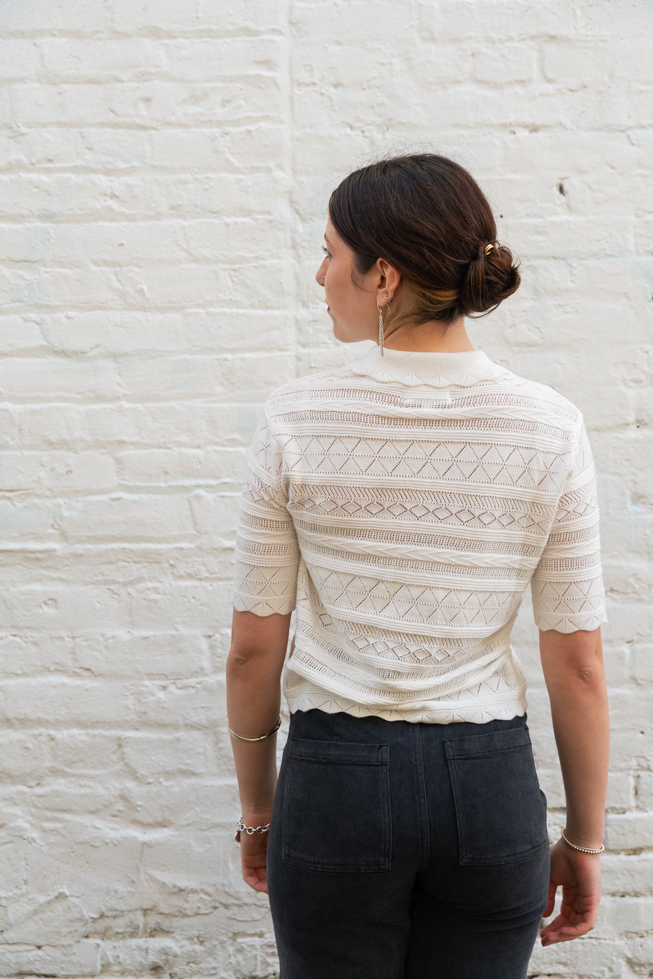 Ecru Short Sleeve Button Down Sweater