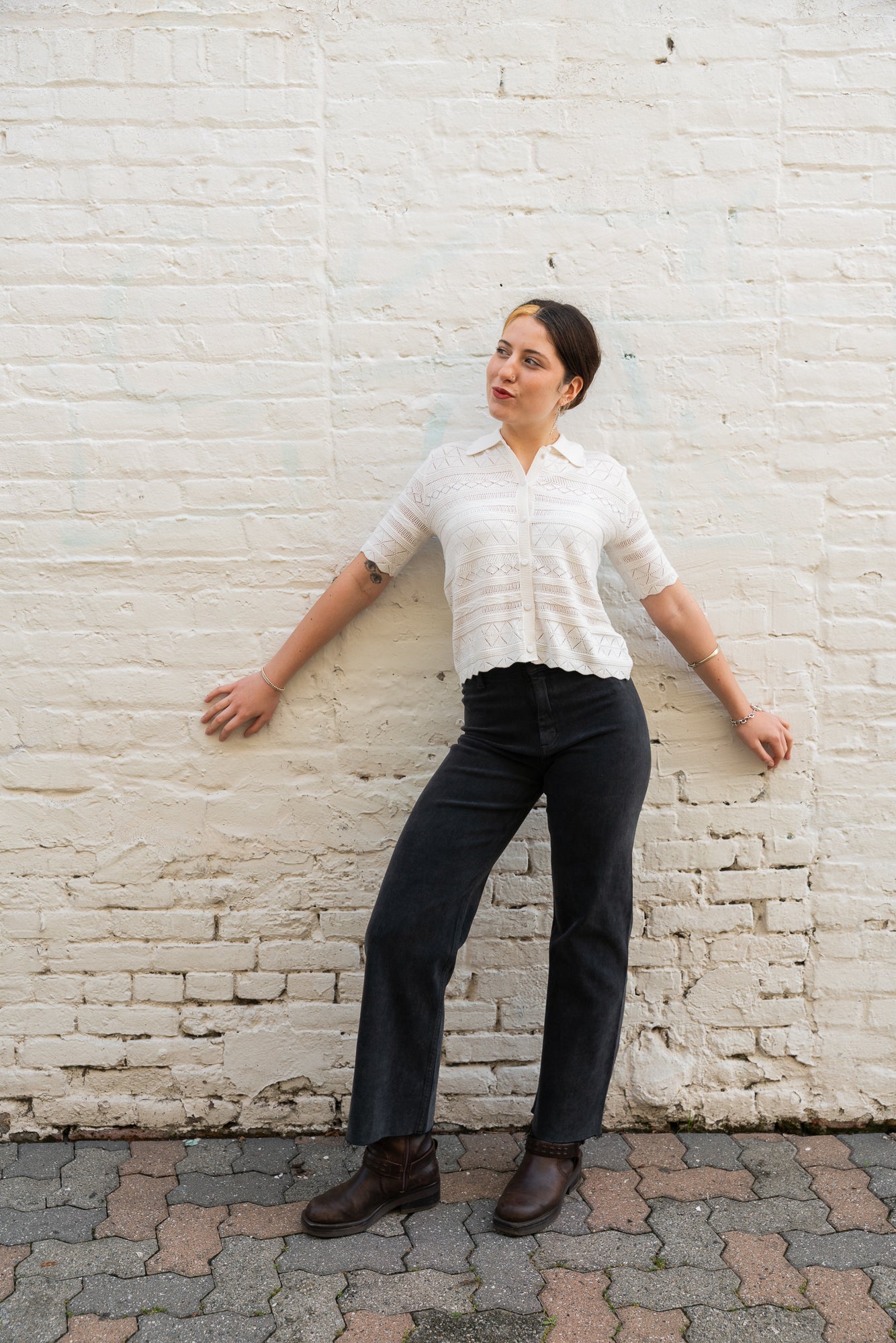 Ecru Short Sleeve Button Down Sweater
