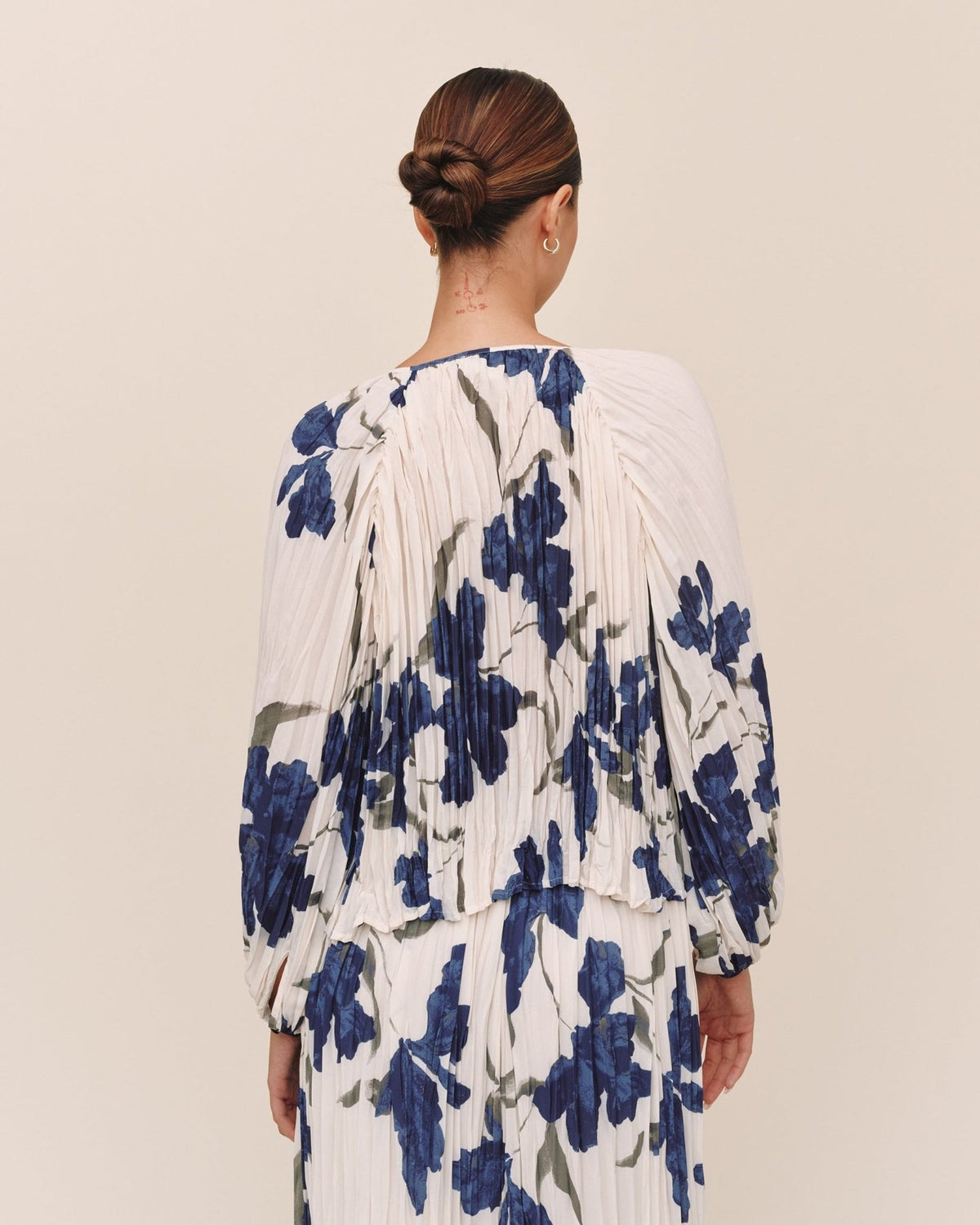 Pleated Tie Front Top - Indigo Iris Print