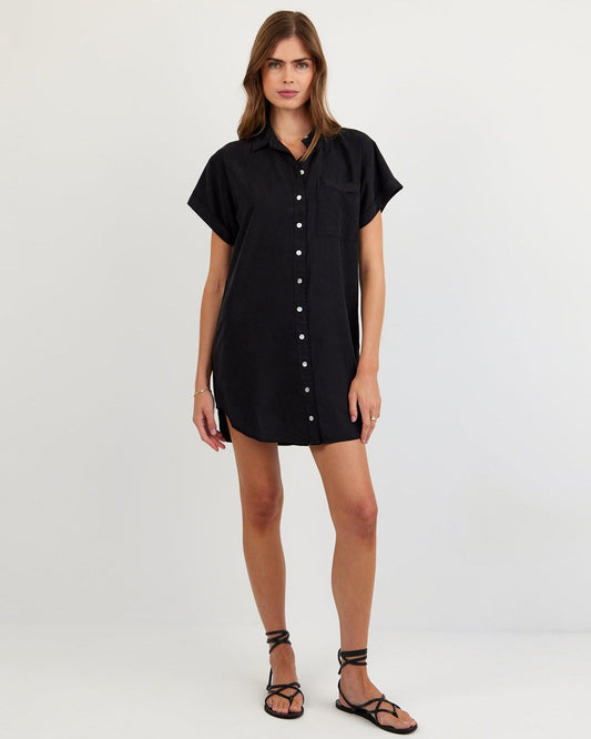 Roll Sleeve Pocket Shirt Dress - Vintage Black
