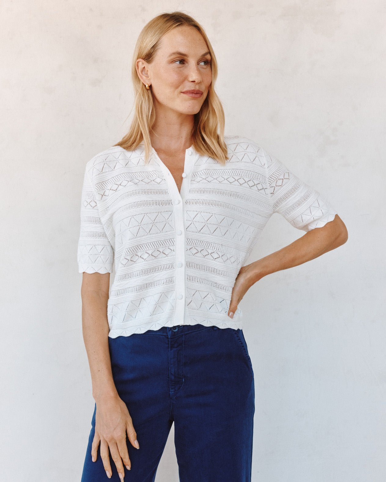 Ecru Short Sleeve Button Down Sweater