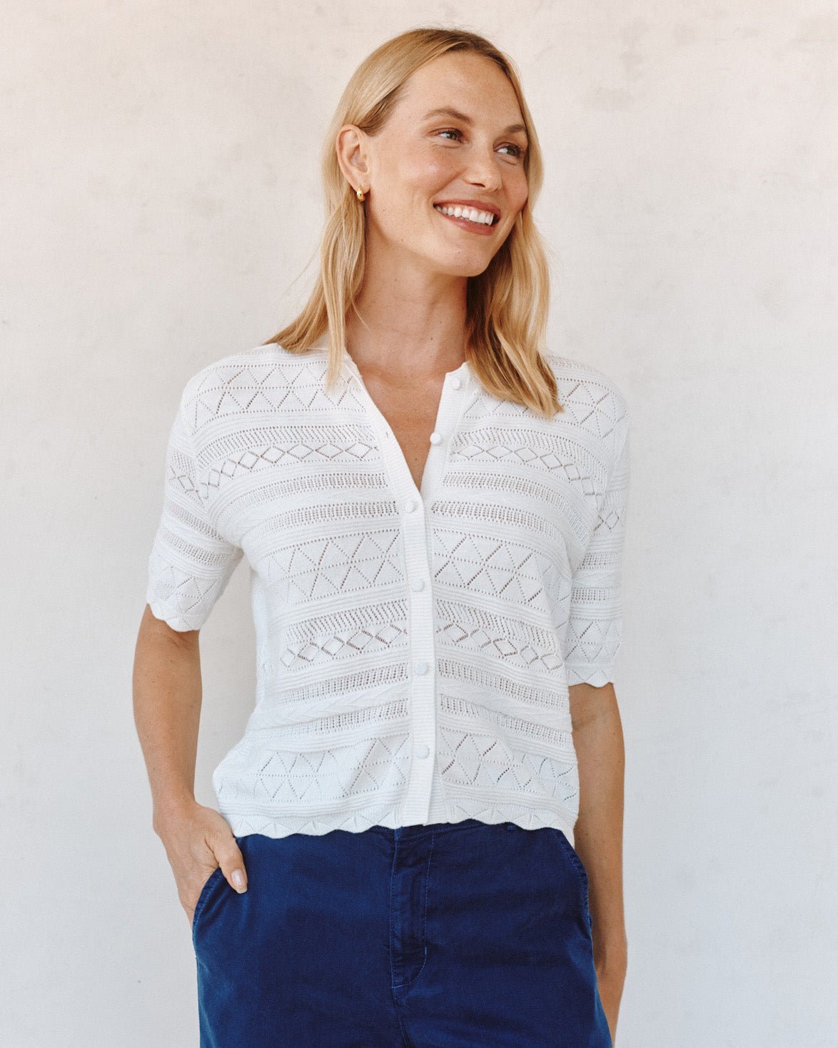 Ecru Short Sleeve Button Down Sweater